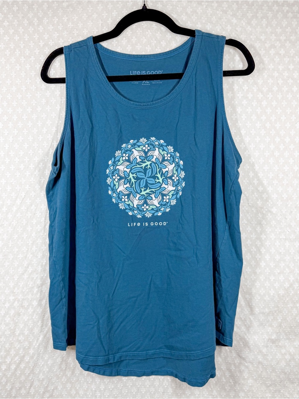 Life Is Good Blue Floral Bird Graphic Print Crusher Tank Top